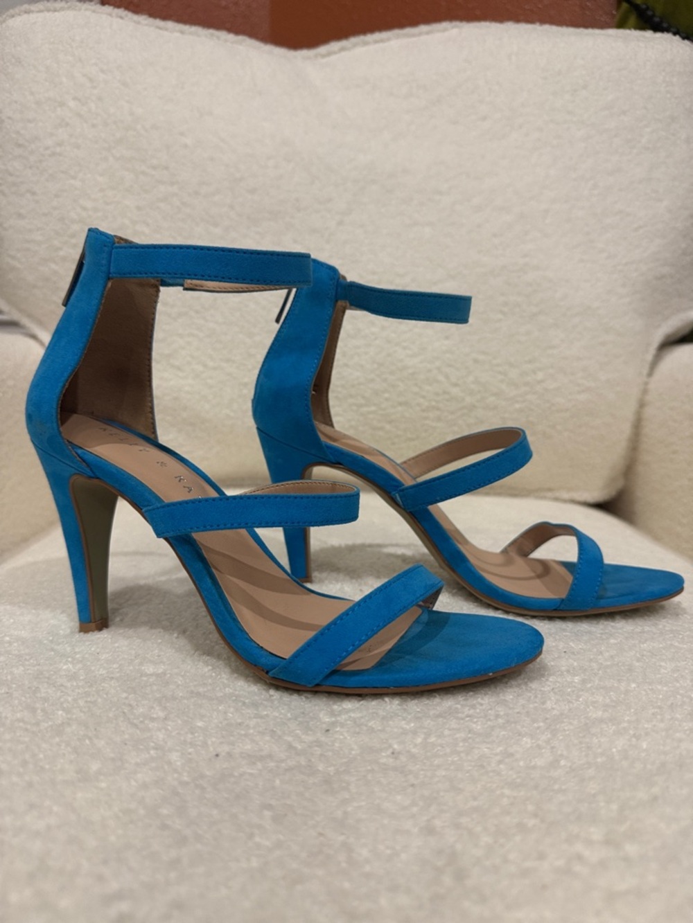 Kelly & Katie Bright Blue Triple-Strap Ankle-Zip Heels - Picture 2 of 5